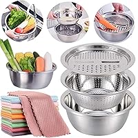 Germany Multifunctional Stainless Steel Basin, 4 in 1 cheese cutter strainer with bowl, kitchen must haves 2024 drainer basket, welldupo fruit strainer bowl (26cm/10.24in)