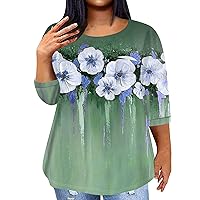 Plus Size Tops for Women Fashion Crew Neck 3/4 Sleeve Blouse Floral Tees Spring Casual T Shirts 2024