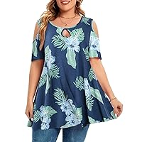 MONNURO Plus Size Cold Shoulder Tops For Women Sexy Ruffle Short Sleeve Tunic?14-SteelBlue,3X?