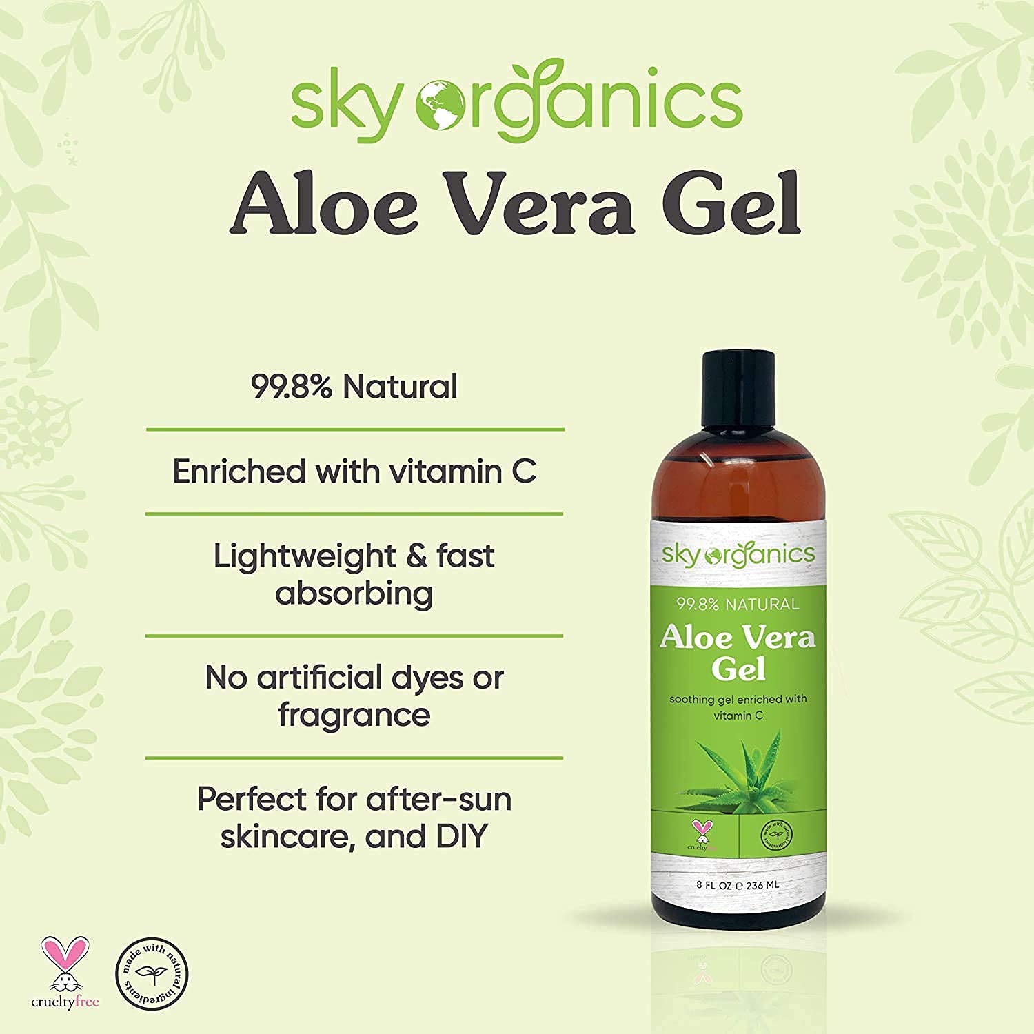 Aloe Vera Gel (8oz x 3 Pack) All Natural Ultra Hydrating Skin Cooling Aloe Gel, Non-Sticky Relief of Sunburns, Razor Burns, Bug Bites- Hair Conditioner & Gel- Cold Pressed, Made in USA