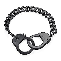 Biker Jewelry Interlocking Handcuff Bracelet for Men with Padlock Curb Chain Black IP Silver Tone Stainless Steel 8,8.5 Inch