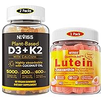 Lutein & Zeaxanthin 25mg Filled Gummies - 7 in 1 Eye Health Vitamins- Vision, Macular & Brain + Vitamin D3 5000IU Gummies 125mcg with Calcium 600mg + K2( MK7 ) 200mcg - Bones & Immune Support, Vegan