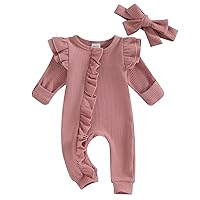 MoZiKQin Newborn Baby Girl Ruffle Romper Knit Sweater Onesie Jumpsuit Long Sleeve Zipper Footies Solid Fall Winter Outfits (Waffle Ruffle Pink,Newborn)