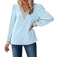 Long Sleeve Shirts for Women Trendy Lace V Neck Short Sleeves Tops Dressy Casual Loose Fit Tunic Soft Blouses