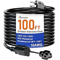 BBOUNDER 100 FT Outdoor Extension Cord Waterproof, Black 16/3 SJTW Heavy Duty 10A 1250W, Flexible 100% Copper 3 Prong Cords for Lawn, Garage
