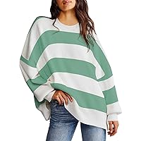 Pink Queen Women's Fall Oversized Striped Sweater Crew Neck Batwing Long Sleeve Ribbed Knit Pullover Jumper Tops