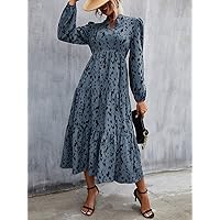 Fall Dresses for Women 2023 Allover Print Puff Sleeve Ruffle Hem Dress Dresses for Women (Color : Dusty Blue, Size : X-Small)