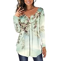Womens Long Sleeves Floral Tunic Shirts Summer Fall Casual Dressy Blouse Tops Flowy Hide Belly Tunic Tops T-Shirt
