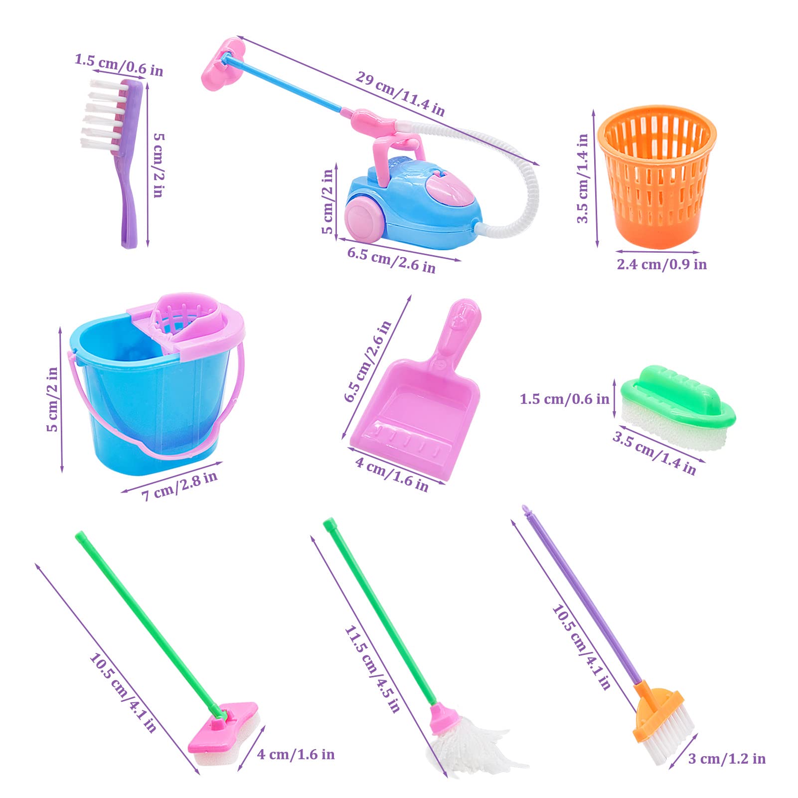 9 Pieces Miniature Dollhouse Cleaning Supplies, Mini Mop, Dustpan, Brush, Broom and Bucket Housework Tools, Doll House Accessories Pretend Play Decoration