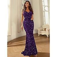 2023 Women's Dresses Sequin Decor Mermaid Hem Prom Dress Women's Dresses (Color : Purple, Size : Large)