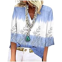 3/4 Length Sleeve Womens Tops Relaxed Fit V Neck T Shirts Summer Floral Printed Clothes Loose Fit Dressy Shirts