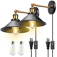 JACKYLED Industrial Wall Sconces with LED Bulb, UL Listed Plug in/Hardwire Vintage Wall Lighting Fixtures, Antique 240 Degree Adjustable Wall Lamp for Kitchen Bedroom Restaurants, 2 Pack-Black