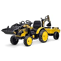 3 in 1 Ride on Tractor, Excavator & Bulldozer, 24V Electric Vehicle w/Trailer, Shovel Bucket, Digger, Remote Control, EVA Tire, LED Light, Music, USB & Bluetooth, Kids Ride on Car, Bright Yellow