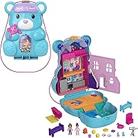 Polly Pocket 2-in-1 Travel Toy, 2 Micro Dolls & 16 Accessories, Teddy Bear Purse Playset with Sleepover Theme