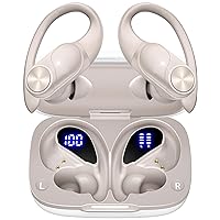 Bluetooth Headphones Wireless Earbuds 80hrs Playtime Wireless Charging Case Digital Display Sports Ear buds with Earhook Waterproof Over-Ear Earphones for TV Phone Laptop Contrast Color (Pearl Gray)