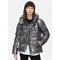 Jackets for Women - Letter Patched Drawstring Detail Winter Coat (Color : Dark Grey, Size : Small)