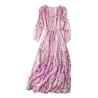 Women Dress Silk Floral Printed V Neck 3/4 Sleeve Ruffles Drawstring Waist Midi Pink A Line Skirt 2779