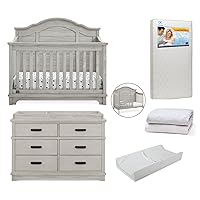 Asher Crib 7-Piece Baby Nursery Furniture Set–Includes: Convertible Crib, Dresser, Changing Top, Crib Mattress, Sheets, Toddler Guardrail & Changing Pad, Rustic Mist