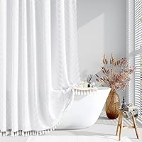 Dynamene Extra Long Shower Curtains, 96 Inches Long Boho Tufted Chevron Striped Fabric Shower Curtains for Bathroom, Tall Minimalist Waterproof Cloth Shower Curtain Set with 12 Hook, White, 72x96