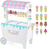 FUTADA Wooden Ice Cream Cart for Kids, Pretend Play Food Trunk Toy with 12 Pieces Play Accessories, Display Rack, Freezer Compartment, Toddler Ice Cream Toy Set with 2 Wheels, Gift for Boys Girls 3+