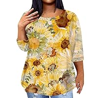 Plus Size Summer Top Plus Size Tops for Women Sunflower Print Casual Fashion Trendy Loose Fit with 3/4 Sleeve Round Neck Shirts Light Green 3X-Large
