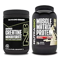 NutraBio Creatine Monohydrate, Unflavored, (300 g) and Muscle Matrix Protein Powder, (Vanilla) Supplement Bundle – Muscle Energy, Maximum Growth, Recovery, and Strength