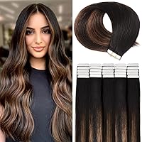 Tape in Hair Extensions Human Hair, 20pcs 18 Inch 50g Remy Ombre Tape in Hair Extensions, Balayage Natural Black to Chestnut Brown Silky Straight Natural Hair Extensions Tape in Human Hair