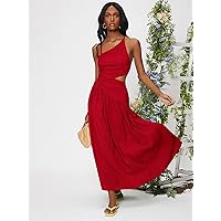 Summer Dresses for Women 2022 Criss Cross Lace Up Backless Cut Out Ruched Ruffle Hem Dress (Color : Red, Size : XS)