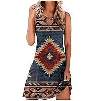 Summer Western Dress for Women Aztec Geometric Print Color Block Tunic Dress Crewneck Keyhole Sleeveless Tank Dress Sundress