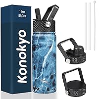 Insulated Water Bottle with Straw,18oz 3 Lids Metal Bottles Stainless Steel Water Flask,Marble Ocean
