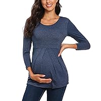Glampunch Women's Maternity Tops Short&3/4 Sleeve Round Neck Front Pleat Peplum Tunic Top Pregnancy Shirts
