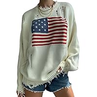 Womens Solid Flag Prints Knit Sweater Casual Long Sleeve Graphic Tee Shirts Crew Neck Sweatshirts Pullover Tops