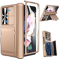 Viaotaily Samsung Fold 3 Case with Credit Card Holder, S Pen Holder & Screen Protector, Slide Camera Lens Cover Case for Samsung Galaxy Fold 3 5G 2021(with S Pen Holder Rose Gold)