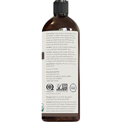 Organic Castor Oil for Eyelashes and Eyebrows - 16 fl oz, USDA Organic, Pure Hexane-Free Moisturizer Traditionally Used for Hair Growth, Natural Skin and Eyelash Serum, Cold Pressed with Beauty Kit