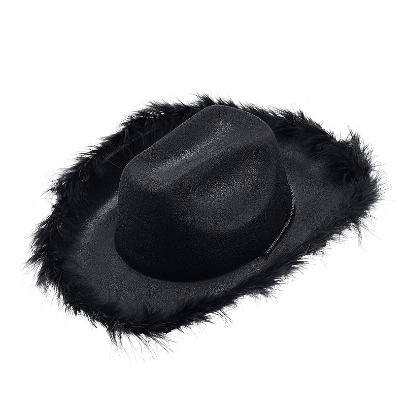 Burictin Cowboy Hat for Women Men Fluffy Fur Trim Felt Cowgirl Hat Adults  Extra Large Feather Hat Western Party Accessories