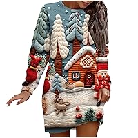 Christmas Tunic Tops for Women Crewneck Long Sleeve Loose Pullover Dress Fall Winter Trendy 3D Look Print Mini Dress