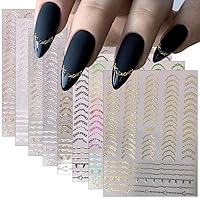 8 Sheets French Nail Stickers for Nail Art, 3D Self-Adhesive Nail Decals Gold Nail Art Supplies Bronzing Silver Stripe Curve Lines Nail Design Manicure French Tip Nail Sticker DIY Nail Art Decorations