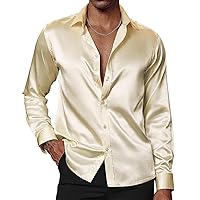 PJ PAUL JONES Men's Shiny Satin Dress Shirts Long Sleeve Button Down Silk Shirt with Bow Tie