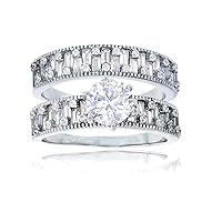 DECADENCE Sterling Silver Rhodium 6.50mm Round Cubic Zirconia Alternating Round & Bgt Sides & Band Duo Rings