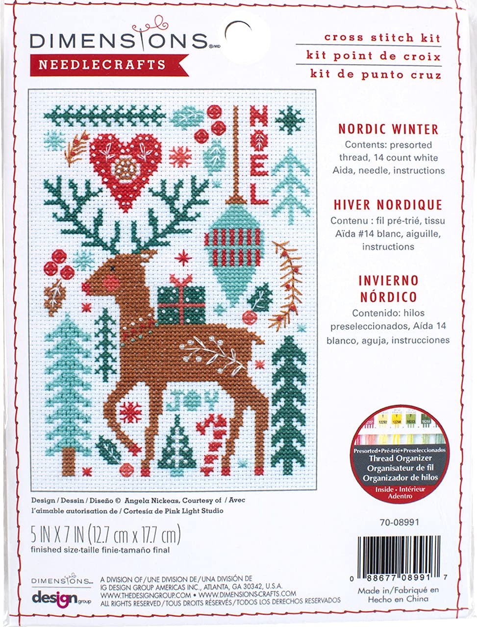Dimensions 70-08991 Nordic Winter Embroidery Christmas Cross Stitch Kit, 5'' x 7'', 14 Count White Aida, Multi