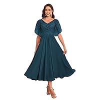 Women's Tea Length Mother of The Bride Dress for Wedding Lace Chiffon Formal Evening Gown