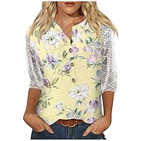 Girls Athletic Shirts, Snake Print Tops for Women Floral Blouses for Women Women V Neck 3/4 Sleeve Shirts Print Lace Casual Blouse Loose Work Tunic Tops Girls Tees for Teen Girls (1-Yellow,5X-Large)