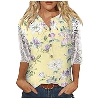 FYUAHI Women V Neck 3/4 Sleeve Shirts Print Lace Casual Blouse Loose Work Tunic Tops