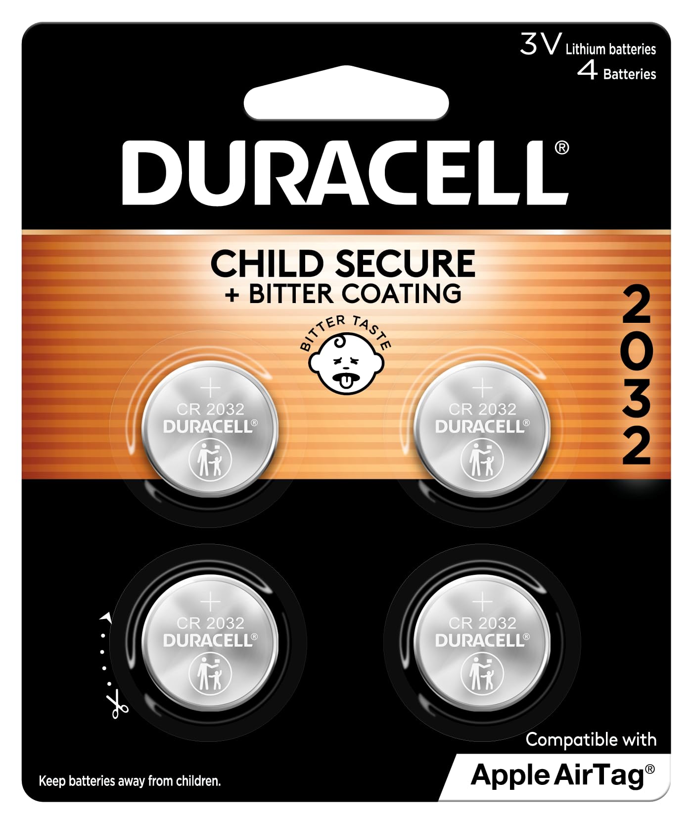 Duracell CR2032 3V Lithium Battery, Child Safety Features, 4 Count Pack, Lithium Coin Battery for Key Fob, Car Remote, Glucose Monitor, CR Lithium 3 Volt Cell