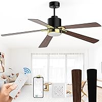 52 Inch Ceiling Fans with Lights and Remote, 5-Blade Low Profile Smart Ceiling Fan with Silent DC Motor, Works with Alexa, Siri, Google Home, 2 Colors of Reversible Blades, Walnut & Black