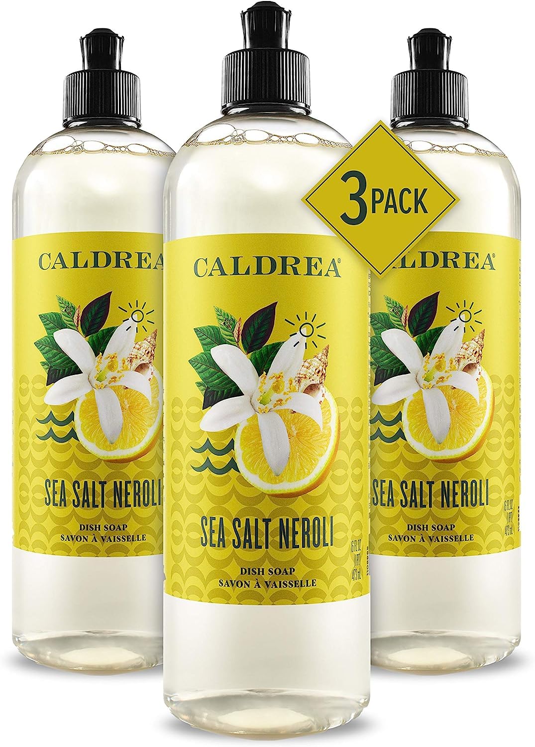 Caldrea Dish Soap, Biodegradable Dishwashing Liquid made with Soap Bark and Aloe Vera, Sea Salt Neroli, 16 oz , 3 Pack