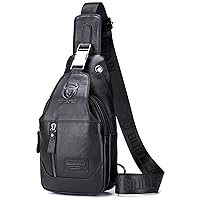 BULLCAPTAIN Genuine Leather Men's Sling Shoulder Backpack Multi-pocket Crossbody Chest Bags Travel Hiking Daypack with Earphone Hole (Black)