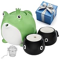 Frog Teapot & Teacup Cute Tableware Japanese Tea Set, Tea Cup Set Teapot Frog Parent-Child Tea Service Set Ceramic for Travel, Home, Gifting, Outdoor, Tea Pot (30oz), 2 Piece Tea Cups (5oz)
