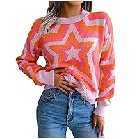 TUNUSKAT Womens Sweaters 2022 Fall Trendy Stars Print Long Sleeve Knit Pullover Tops Crewneck Loose Short Sweater Jumper