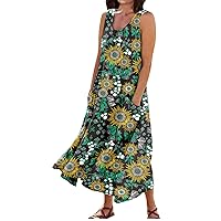 Casual Summer Dresses for Women 2024 Plus Size Cotton Linen Sleeveless Tank Dress Tiered Flowy Long Maxi Dress Casual Boho Dress Flare Dress(2-Green,5X-Large)
